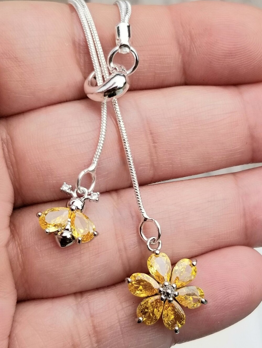 Double Strand Sterling Silver Citrine Lariat Necklace, Flower & Bee Pendant